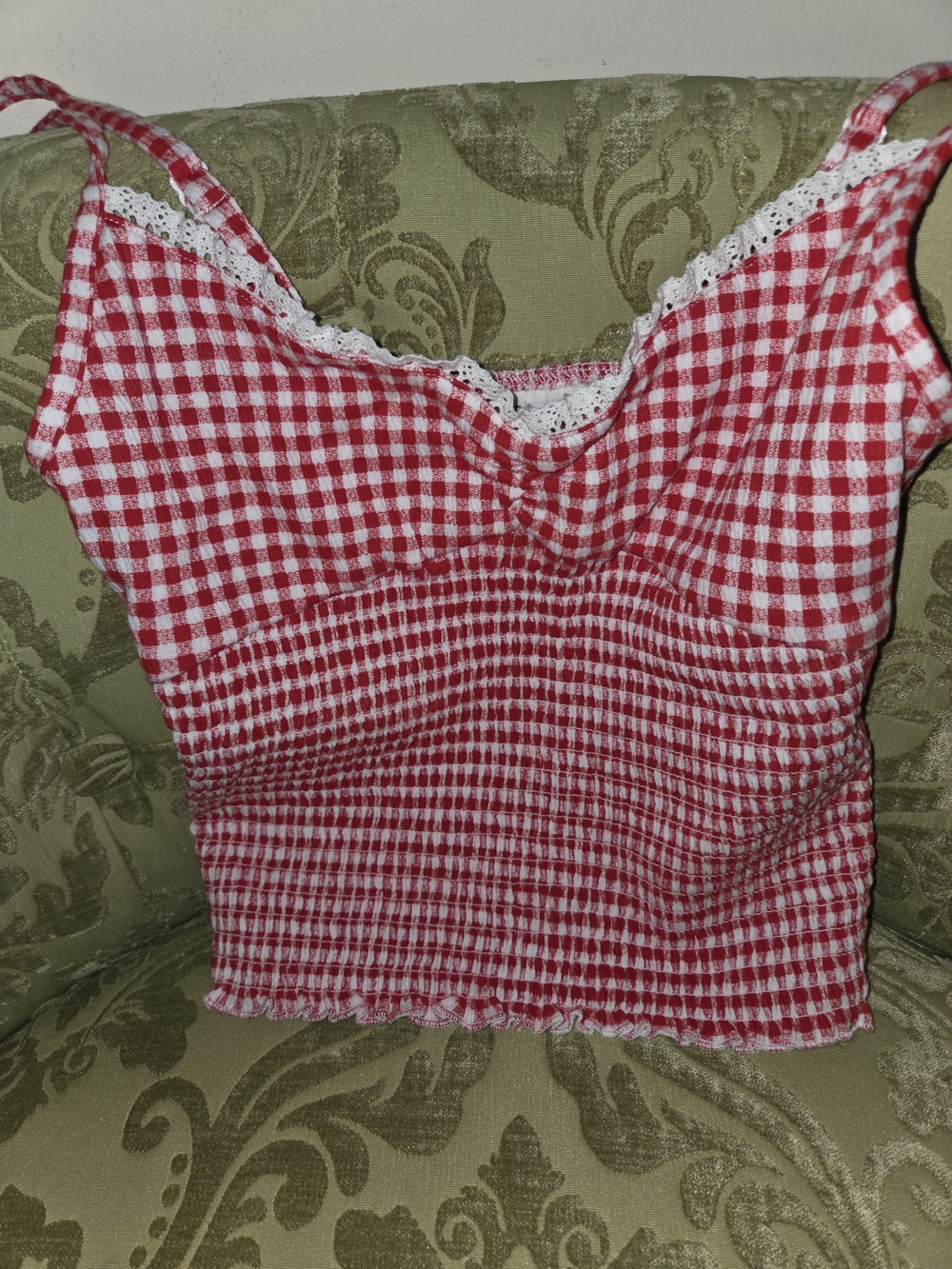 No Boundaries Red Gingham Lace-Trim Smocked Cami NWOT